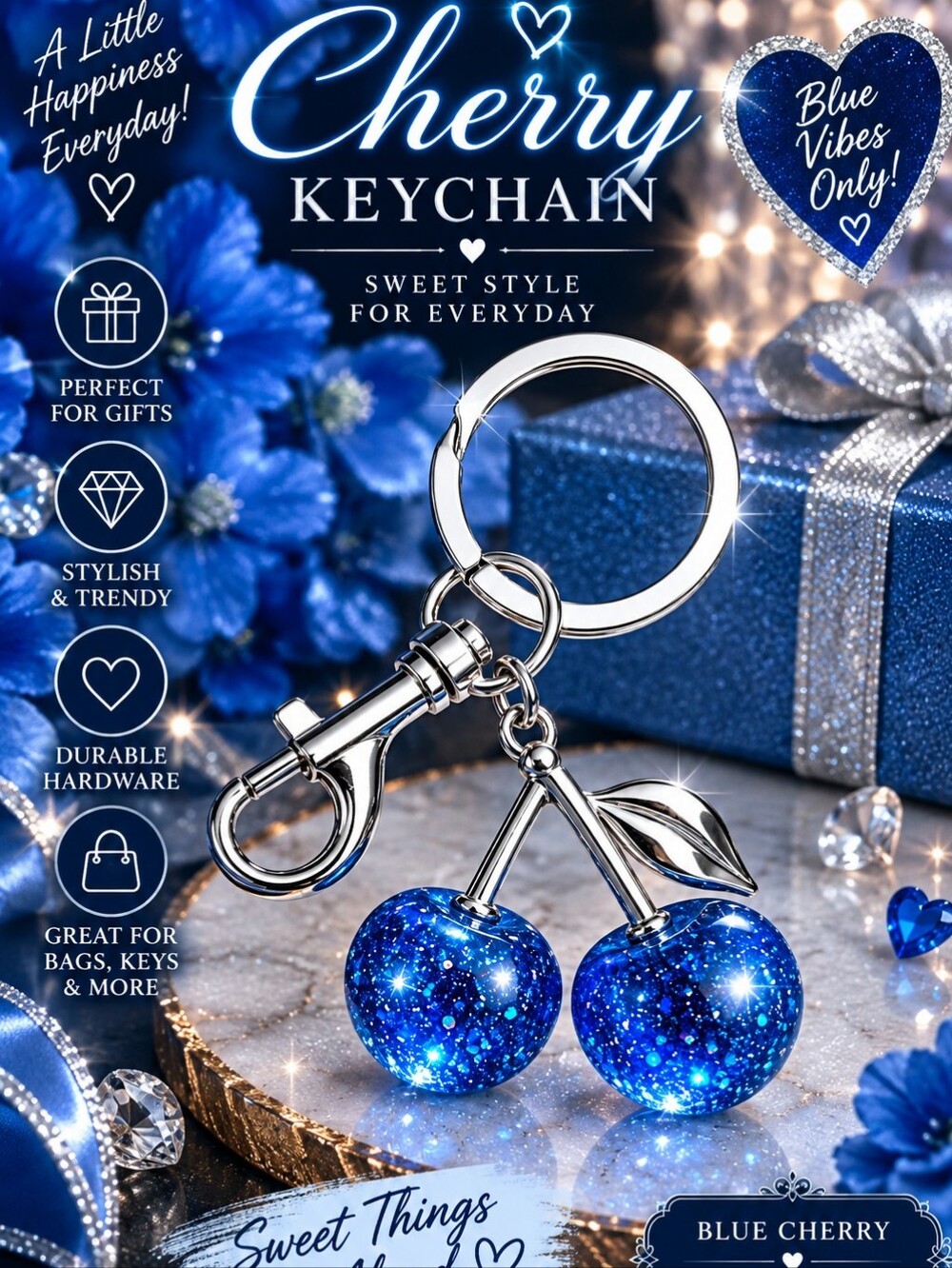 Blue Cherry Keychain with Silver Hardware!!